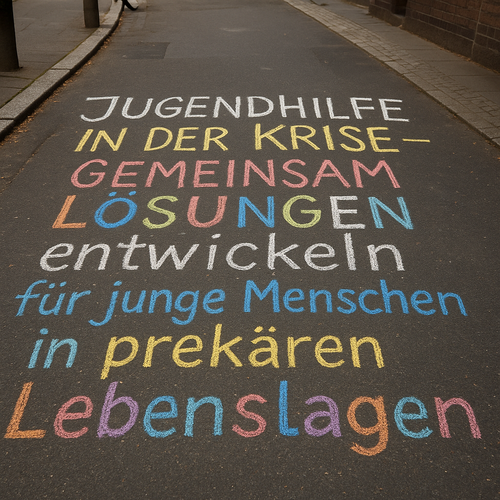 Auf dem Bild ist der Tagungstitel zu sehen - in Kreide auf die Straße geschriebenreide au
