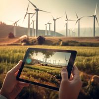 Ein Windpark - im Vordergrund ein Tablet