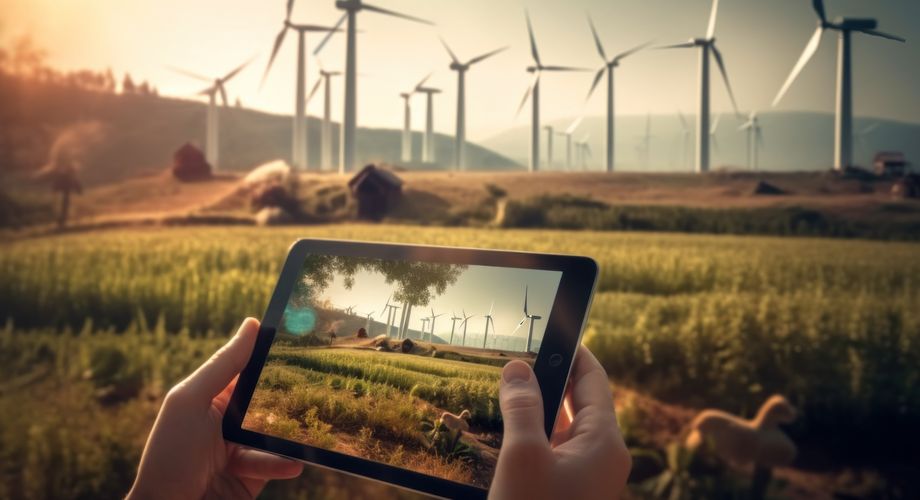 ein Windpark, im Vordergrund ein Tablet
